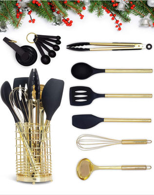 Black & Gold Kitchen Utensils With Metal Gold Utensil Holder 17PC Gold Cooking Utensils Set Includes Black & Gold Measur