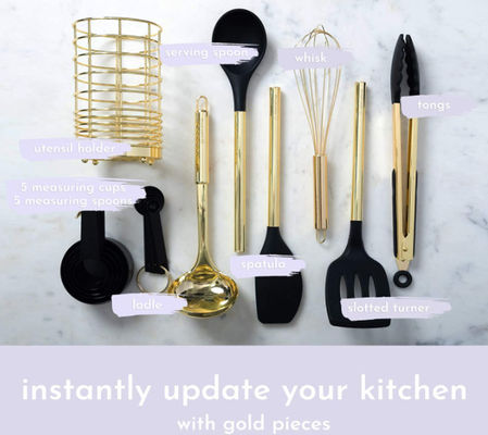 Black & Gold Kitchen Utensils With Metal Gold Utensil Holder 17PC Gold Cooking Utensils Set Includes Black & Gold Measur
