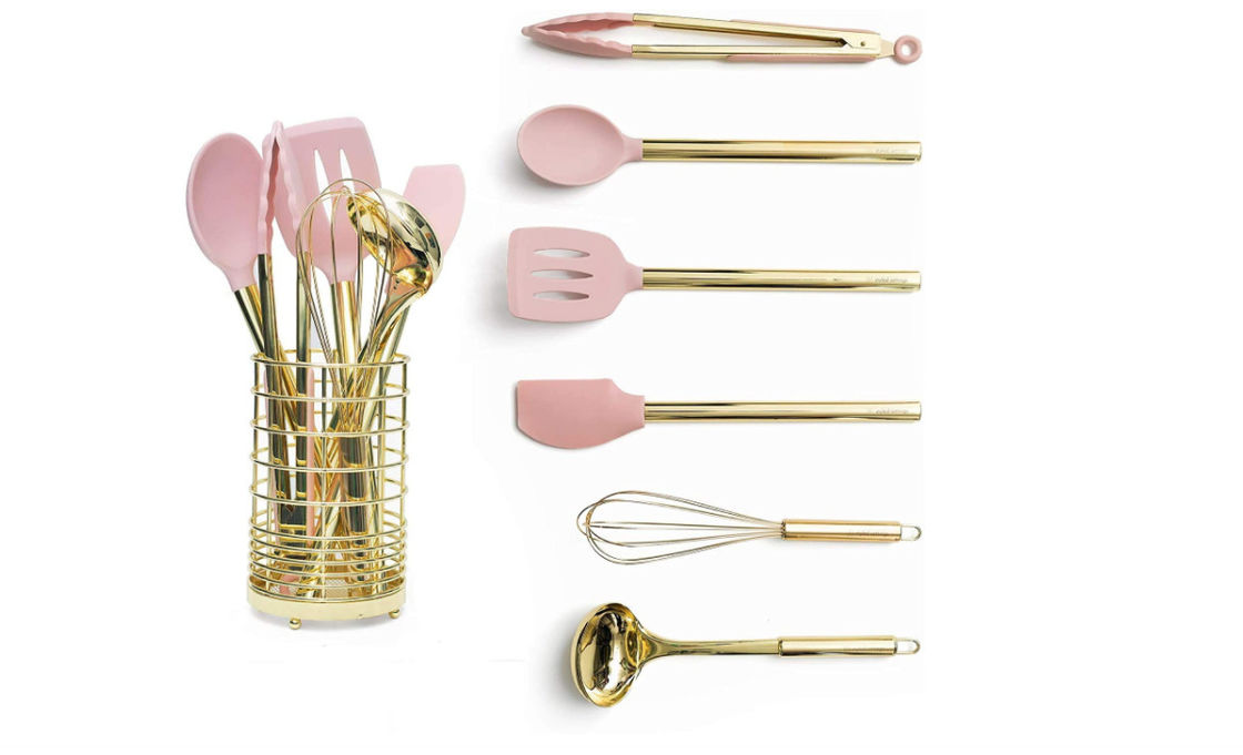 Gold & Pink silicone kitchen utensil sets ,Gold Utensil Holder